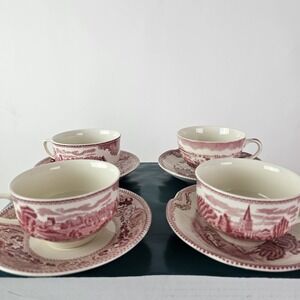 Johnson Bros Historic America Red Tea Cup &‎ Saucer Mix SF Gold Rush Castle 8pc